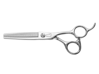 silver right handed scissors with black "N" logo and 35 teeth on one blade