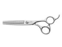 silver right handed scissors with black "N" logo and 26 teeth on one blade