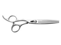 silver left handed scissors with black "N" logo and 40 teeth on one blade
