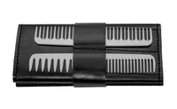 A black leather scissor case showing two combs can be carried