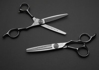 silver colored right handed hair scissor with black "N" logo and 22 teeth on one blade on a dark grey background