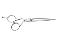 silver colored left handed hair scissor with black "N" logo