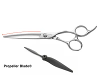 silver colored right handed hair scissor with black "N" logo  with a plane propeller blade underneath the scissor