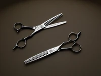 silver colored right handed hair scissor with black "N" logo and 16 teeth on one of the blades against brown background.