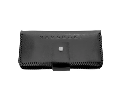a black 4 piece scissor case with black nagamaki logo and gold button