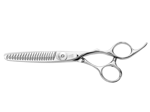 silver right handed scissors with black "N" logo and 20 teeth on one blade