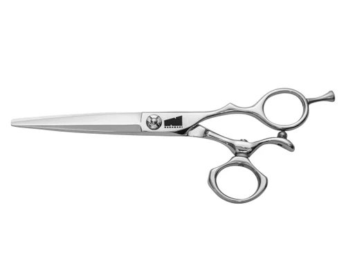 silver colored right handed hair scissor with black "N" logo and round swivel thumb ring