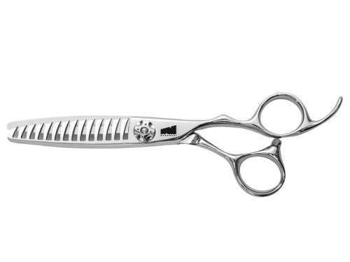 silver right handed scissors with black "N" logo and 14 teeth on one blade