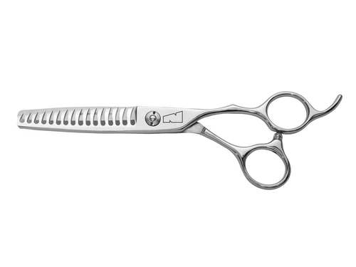 silver right handed scissors with black "N" logo and 16 teeth on one blade