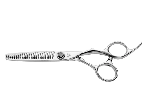 a silver right handed scissor with 26 teeth on one blade and a "T' logo