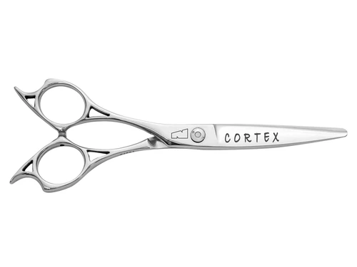 a silver left handed scissor with a black "N" logo and the word cortex inscribed on the blade in black