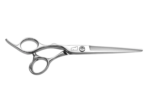 a silver left handed scissor with a black "N" logo