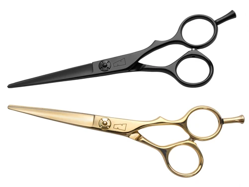2 right handed scissors the top one is black colored and bottom one is gold colored both with black "N" logos