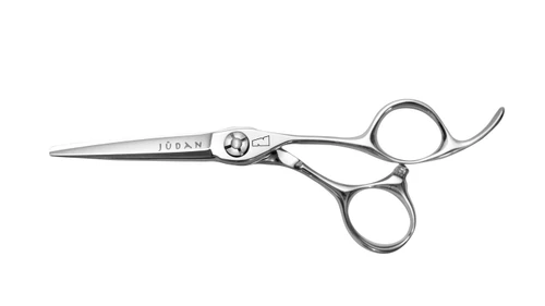 silver colored right handed hair scissor with black "N" logo and the word "judan' inscribed in black on the blade