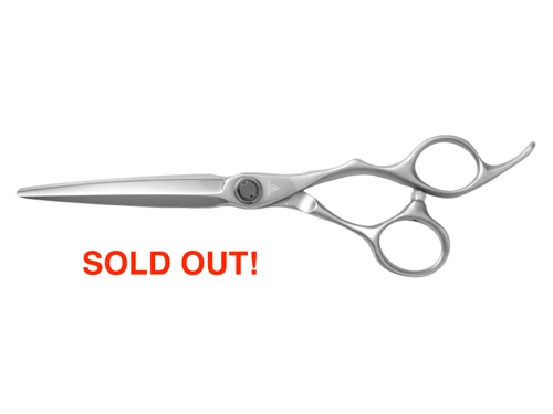 A matte grey right handed scissor with "T" logo on the front with the words in red underneath that says sold out