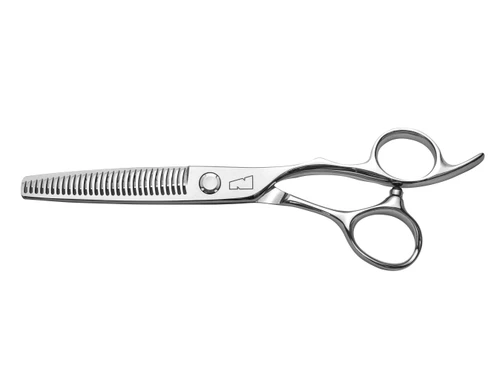 silver colored right handed hair scissor with black "N" logo and 30 teeth on one blade