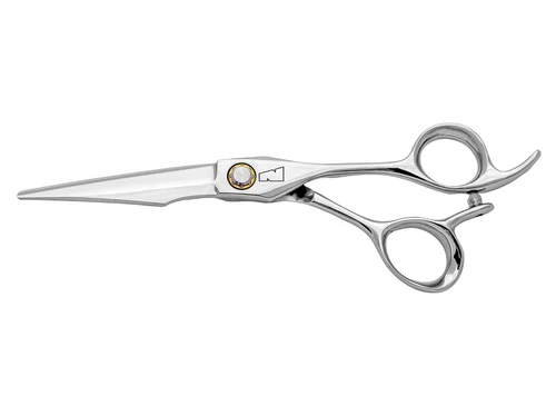 silver colored right handed hair scissor with black "N" logo and yellow ball bearing center