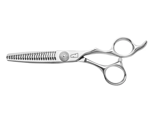 silver colored right handed hair scissor with black "N" logo and 22 teeth on one blade