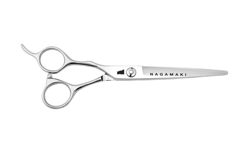 silver colored left handed hair scissor with black "N" logo