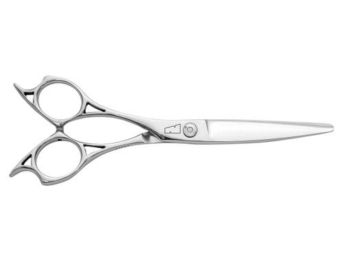 a silver left handed scissor with a black "N" logo inscribed on the blade in black