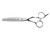 silver colored right handed hair scissor with black "N" logo and 16 teeth on one of the blades