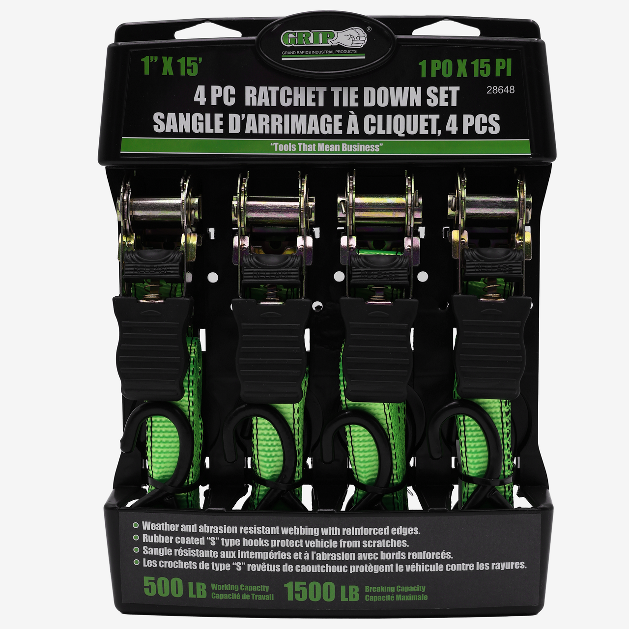 1" x 15' Ratchet Tie Down Set 1500 (4-Piece)