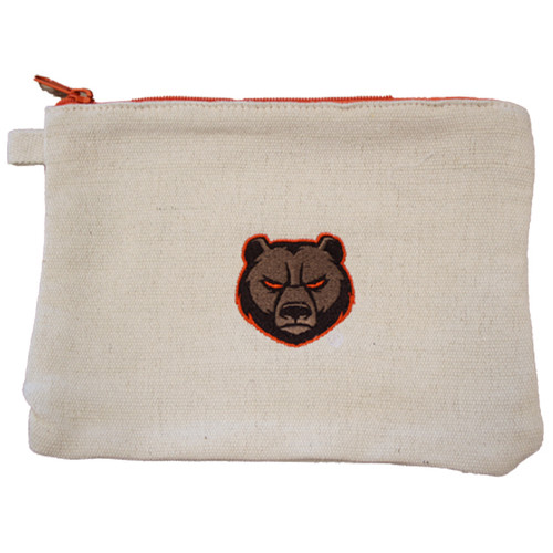 Beige Embroidered Woven Storage Pouch with Orange Zipper