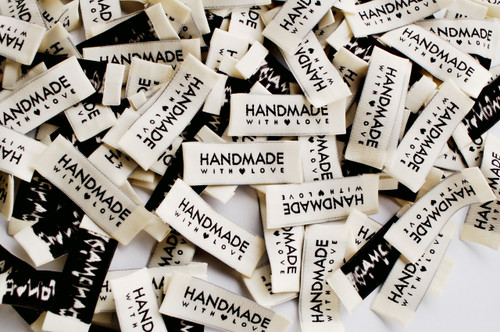 Handmade With Love sew-in fabric label for clothing.