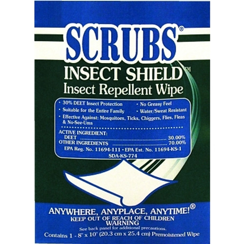 Insect Shield Insect Repellent Wipes, 8 in x 10 in, 0.4 oz, Single Premoistened Packets (100 PK / CA)