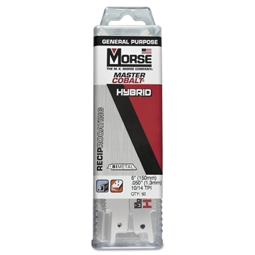 M.K. Morse Master Cobalt Hybrid Wood/Metal Bi-Metal Reciprocating Saw Blade, 0.050 in x 6 in L x 3/4 in W, 10/14 TPI, STRT, 50 EA/PK (50 EA / PK)