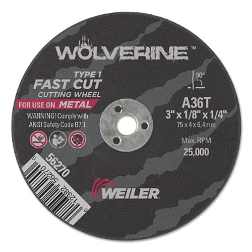 Weiler Wolverine AO Flat Type 1 Cutting Wheel, 3 in Dia, 1/8 in Thick, 1/4 Arbor, 36 Grit (50 EA / BX)