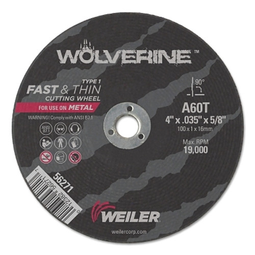 Weiler Wolverine Flat Type 1 Cutting Wheel, 4 in Dia, .035 Thick, 5/8 Arbor, 60 Grit (1 EA / EA)