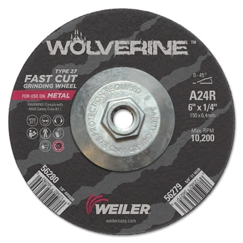 Weiler Wolverine Thin Cutting Wheels, 6 in Dia, 1/4 Thick, 5/8 Arbor, 24 Grit (10 EA / PK)