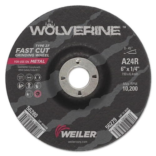 Weiler Wolverine Thin Cutting Wheel, 6 in Dia, 1/4 Thick, 7/8 Arbor, 24 Grit (10 EA / BX)