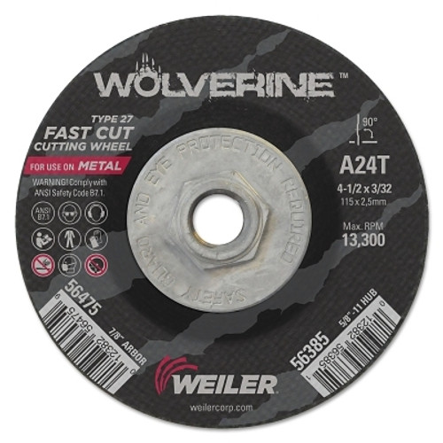 Weiler Wolverine Thin Cutting Wheels, 4 1/2 in Dia, 3/32 in Thick, 24 Grit Alum. Oxide (1 EA / EA)
