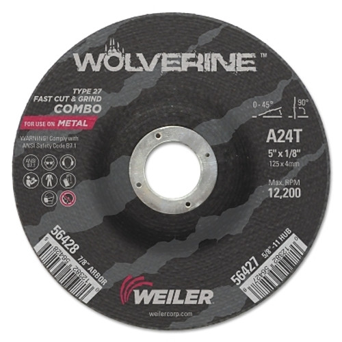 Weiler Wolverine Combo Wheel, 5 in Dia, 1/8 in Thick, 7/8 in Arbor, 24 Grit, T (25 EA / PK)