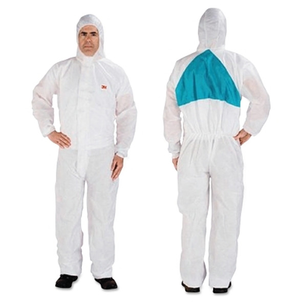 Disposable Protective Coverall 4520 Series, 3 Panel Hood, Elastic Waist & Ankle, Knitted Cuff, White w/Green Back Panel, L (25 EA / CA)