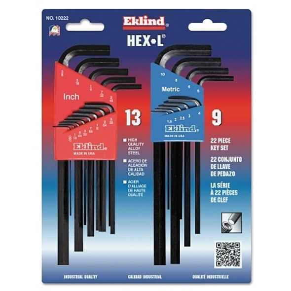 Hex-L Key Set, 22 per card, Hex Tip, Inch/Metric, Long Arm (1 ST / ST)