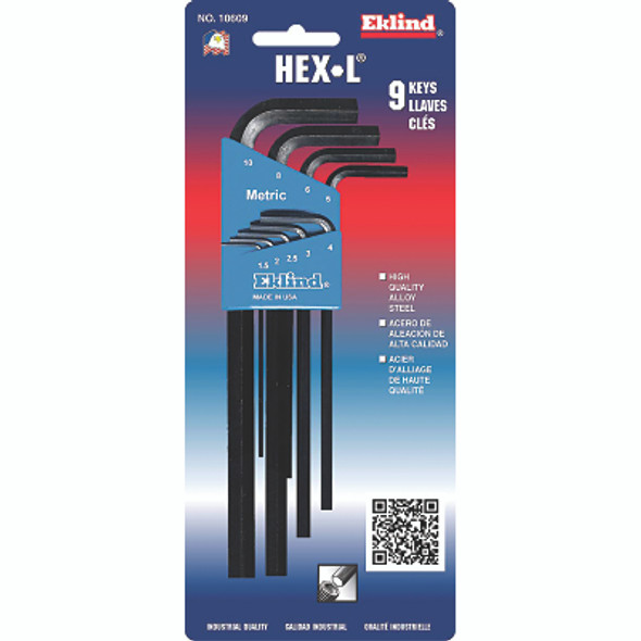 Hex-L Key Set, 9 per holder, Hex Tip, Metric, Long Arm (1 ST / ST)