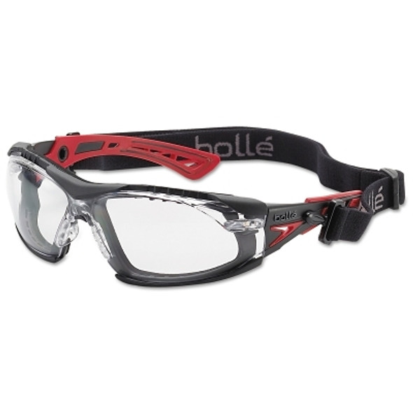 Rush+ Series Safety Glasses, Clear Lens, Anti-Fog/Anti-Scratch, Black/Red Temple (10 PR / BX)