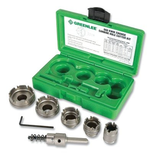 Greenlee Kwik Change Hole Cutter Kit, Carbide-Tipped, 7/8 in to 2 in Cut dia (1 EA / EA)