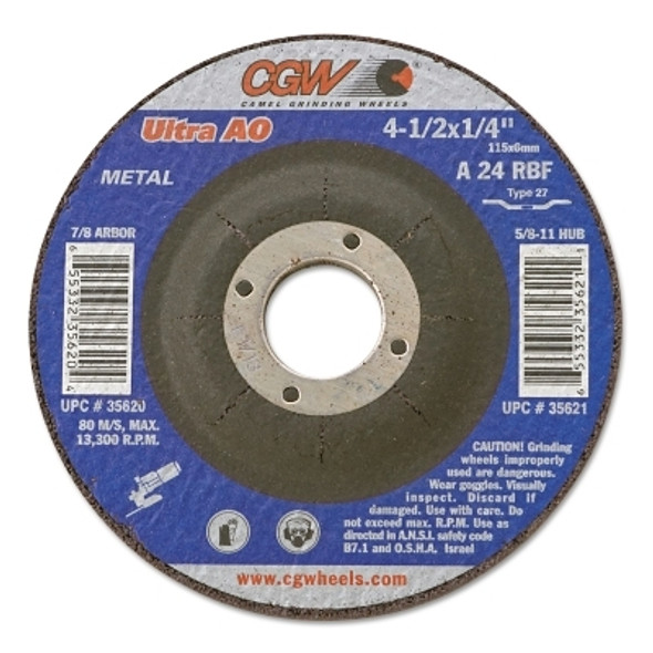 CGW Abrasives 1/4 in Depressed Center Wheel Type 27, 4-1/2 in dia, 7/8 in Arbor, A24R (25 EA / BOX)