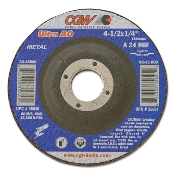 CGW Abrasives 1/4 in Depressed Center Wheel Type 27, 4-1/2 in dia, 5/8 in Arbor, A24R (10 EA / BOX)