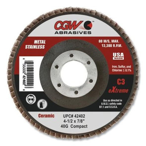 CGW Abrasives C3 Ceramic Flap Disc, 4-1/2 in dia, 40 Grit, 7/8 in Arbor, 13300 RPM (10 EA / BX)