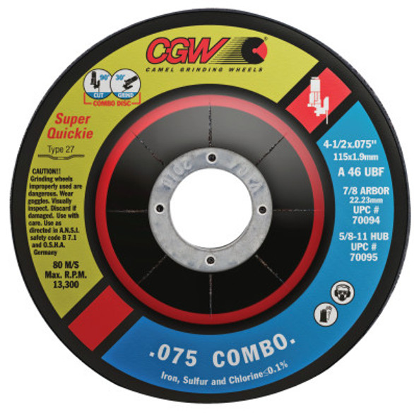 Cut/Grind Combo Wheel, 4 1/2 in Dia, .075 in Thick, 7/8 in Arbor, 46 Grit (25 EA / BX)