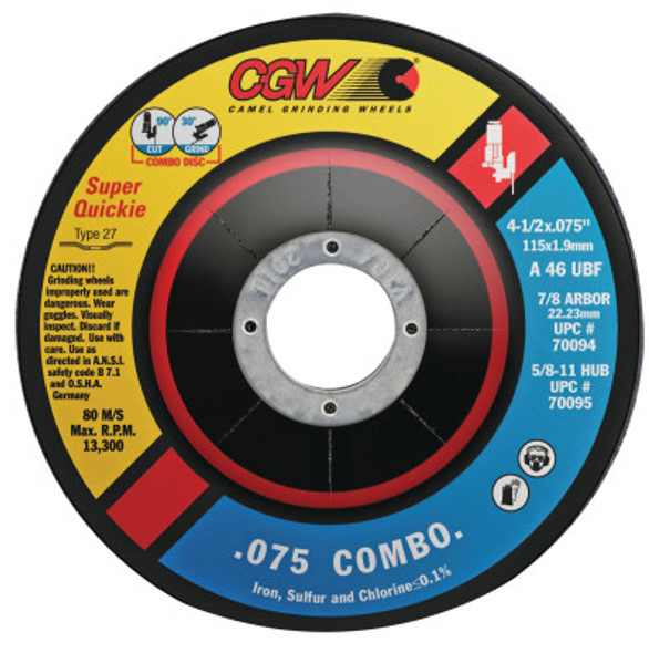 CGW Abrasives Cut/Grind Combo Wheel, 4 1/2 in Dia, .075 in Thick, 5/8 in Arbor, 46 Grit (1 EA/EA)
