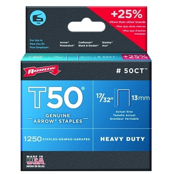 Arrow Fastener T50 Type Staples, 17/32 in L x 3/8 in W, 1250 per box (24 PK / CA)