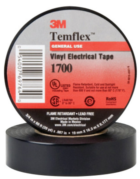 3M Temflex Vinyl Electrical Tapes 1700, 60 ft x 3/4 in, Black (1 ROL/EA)