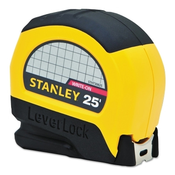 Stanley LeverLock Tape Measure, 1 in W x 25 ft L, SAE, Black/Yellow (4 EA / BX)