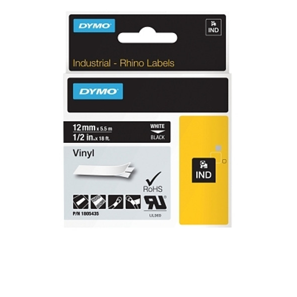 DYMO Industrial Rhino Vinyl Label Cartridge, 3/4 in W x 18 ft L, White Print on Black Background (5 EA / PK)